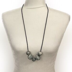 Handmade Clay Beaded Necklace Light Blue Gray White Silver Glitter Marbled